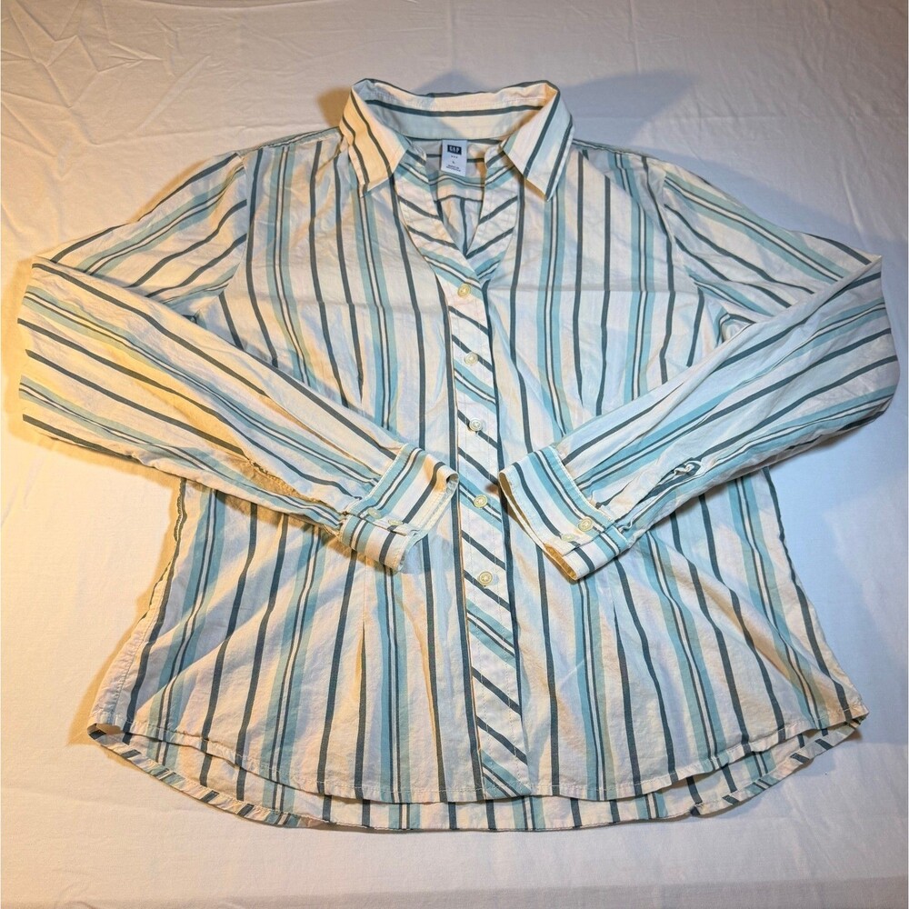 Gap L Fitted Boyfriend Womens Blue Green Cream Stripe Cotton Button Up Shirt Top
